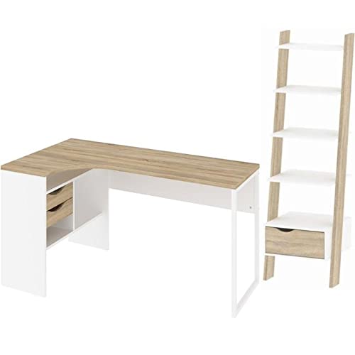 Modern 2-Piece L-Shaped Home Office Desk Set with 2 Drawers & Bookcase - White & Oak Finish | Perfect for Small Spaces, Home Offices & Student Dorm Rooms