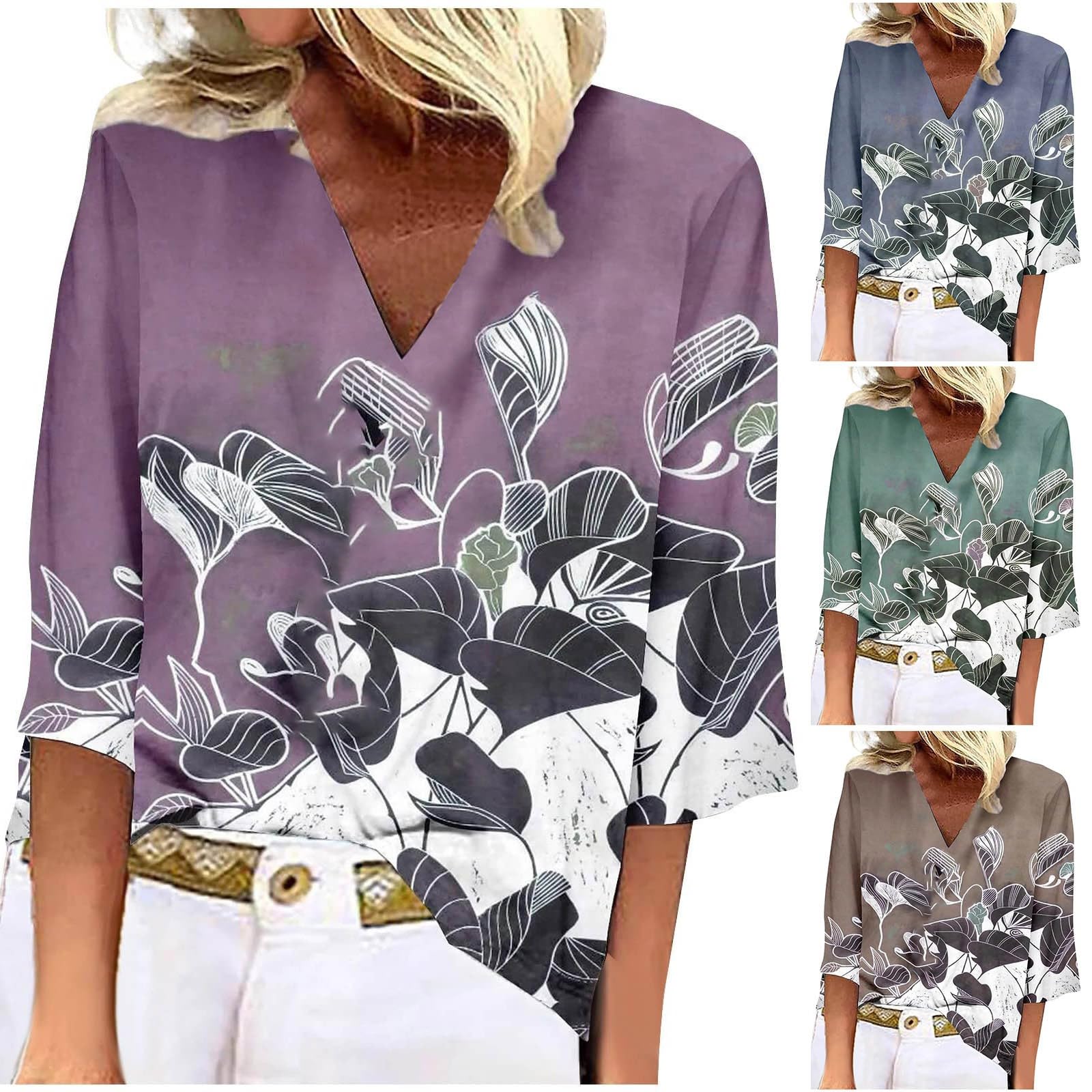 FunAloe Women's Summer Floral T-Shirt - Loose Fit 3/4 Sleeve Casual Tunic Top - Breathable & Comfortable for Outdoor Activities, Beach Trips & Summer Vacations