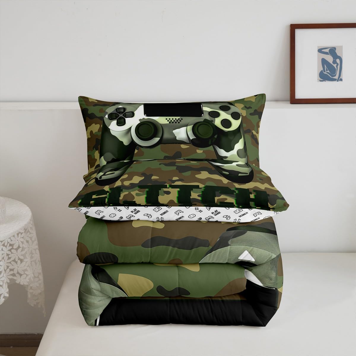 Erosebridal Boys Full Bedding Set - Gaming Themed Comforter Set for Kids & Teens, Army Green Gamer Bedroom Decor - Perfect for Gaming Rooms, Sleepovers & Teen Boy Bedrooms