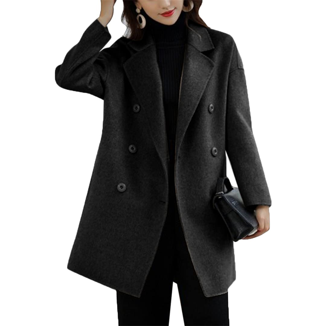 Women's Double Breasted Mid-Length Coat - Solid Black Korean Style Winter Trench Coat with Full Sleeves | Perfect for Office Wear, Business Casual, and Fall/Winter Fashion Outfits