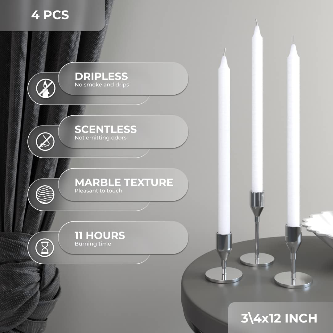 Premium White Taper Candles 12 Inch (Pack of 4) - Unscented, Dripless & Smokeless Long Candlesticks for Elegant Dining, Romantic Dinners, Wedding Centerpieces & Home Decor