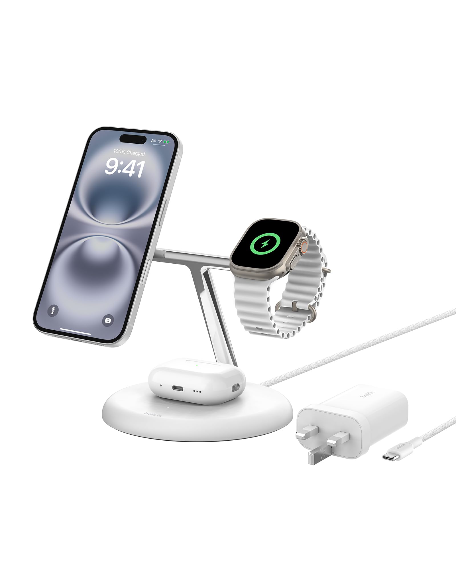 Belkin 3-in-1 Magnetic Wireless Charging Stand - MagSafe & Qi2 15W Fast Charger for iPhone 16/15/14/13 Series, AirPods & Apple Watch | Includes Power Supply | Perfect for Home, Office & Travel - White