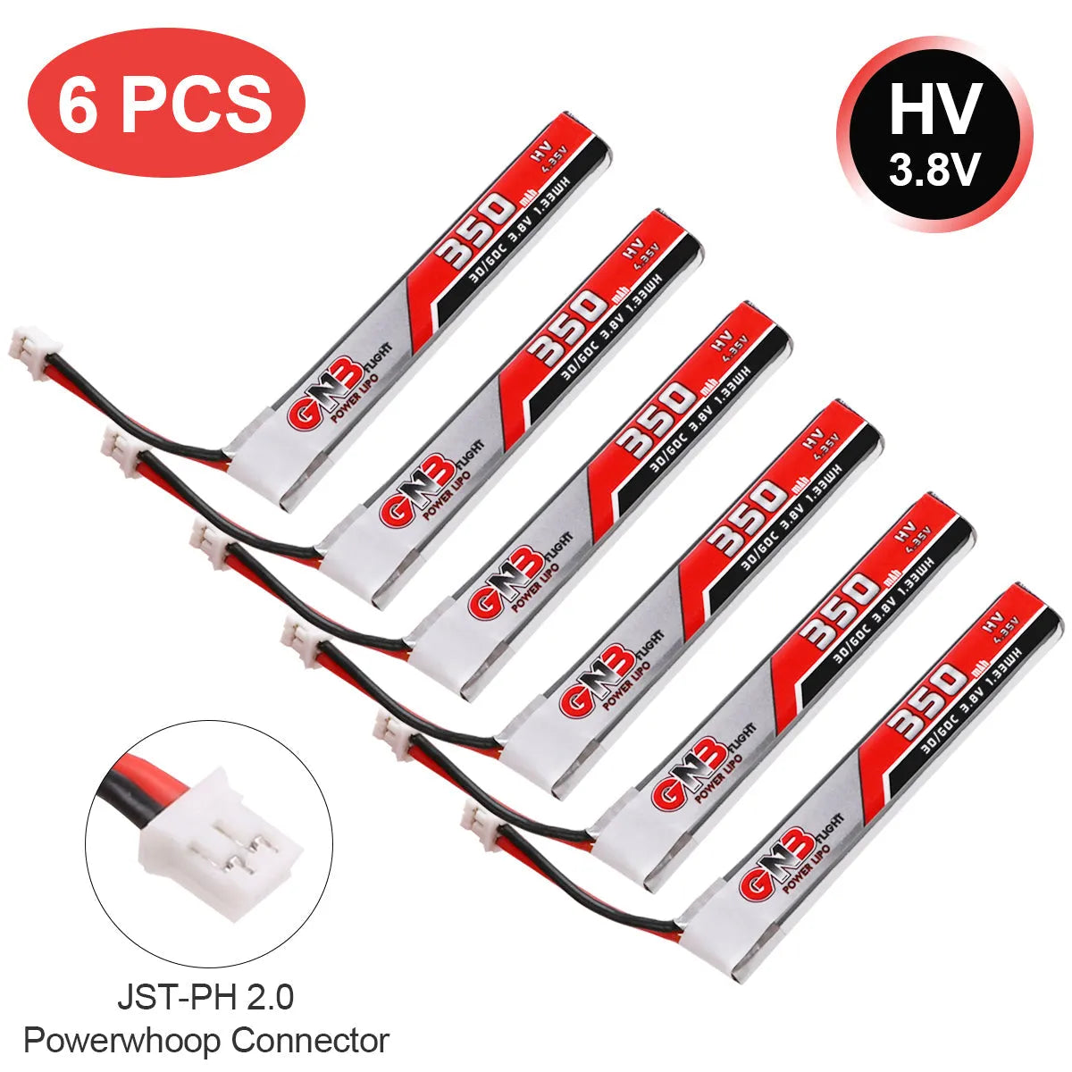 GNB/GAONENG 350mAh 1S Lipo Battery 30C 3.8V with JST PH 2.0 Connector - High Performance for Tiny Whoop Drones, FPV Racing, and RC Models (Pack of 6)