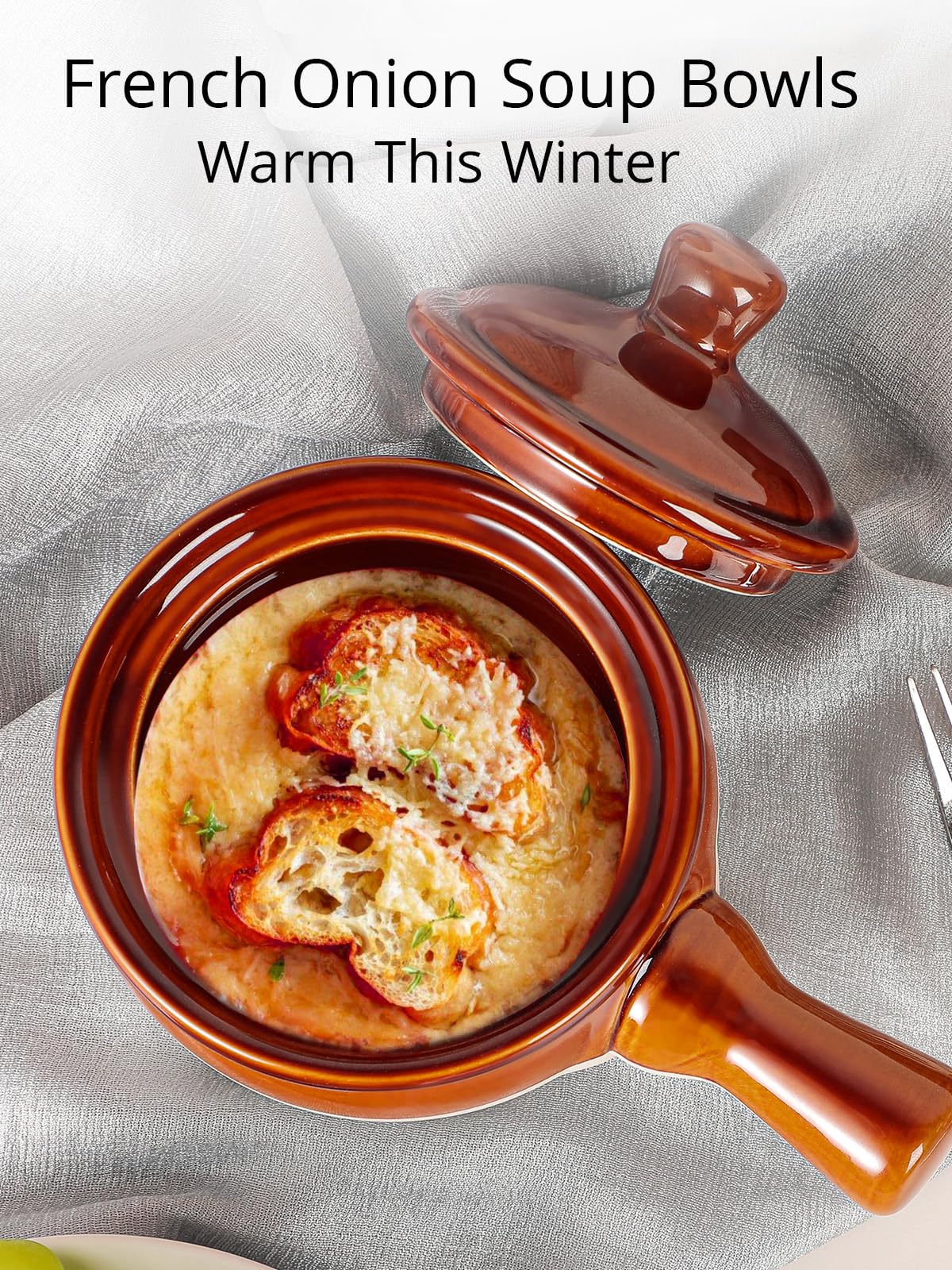 LIFVER 18oz Ceramic French Onion Soup Bowls with Lids & Handles - Set of 4, Oven & Dishwasher Safe Soup Crocks for Soup, Chili, Beef Stew, Cereal - Perfect for Restaurants, Family Dinners & Holiday Entertaining
