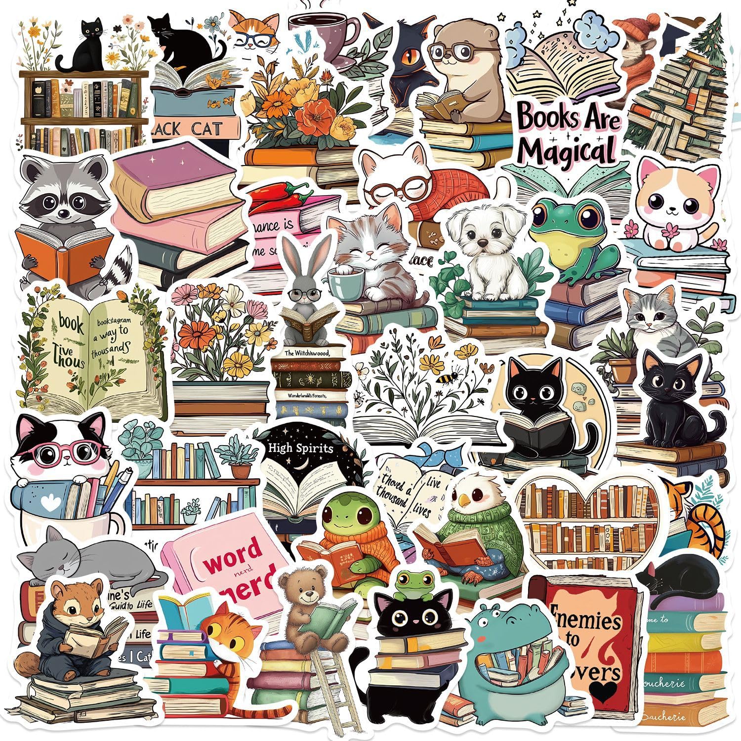 50-Piece Bookish Animal Reading Stickers Set - Cute Inspirational Quote Decals for Book Lovers, Perfect for Journals, Laptops, Scrapbooking & Kindle Covers - Great Gift for Readers & Students