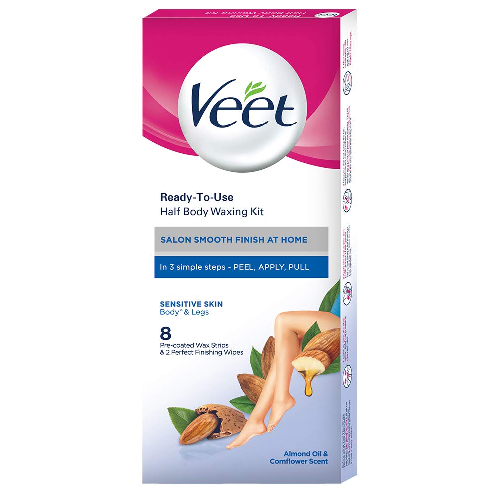 Veet Sensitive Skin Full Body Waxing Kit - 8 Wax Strips for Women - Gentle Hair Removal at Home - Perfect for Legs, Arms, Underarms & Bikini Line