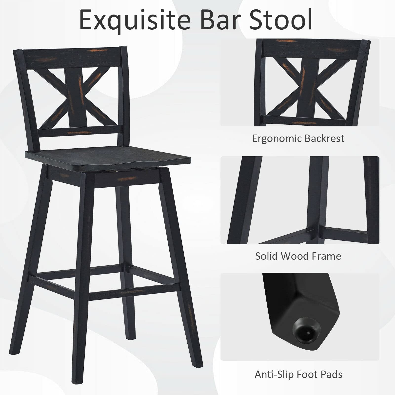 2 Pack 29 Inch Counter Height Swivel Bar Stools with Back - 360 Degree Rotating Wood Bar Stools with Solid Wood Legs for Kitchen Island, Breakfast Nook & Home Bar - Black Modern Kitchen Stools (Set of 2)