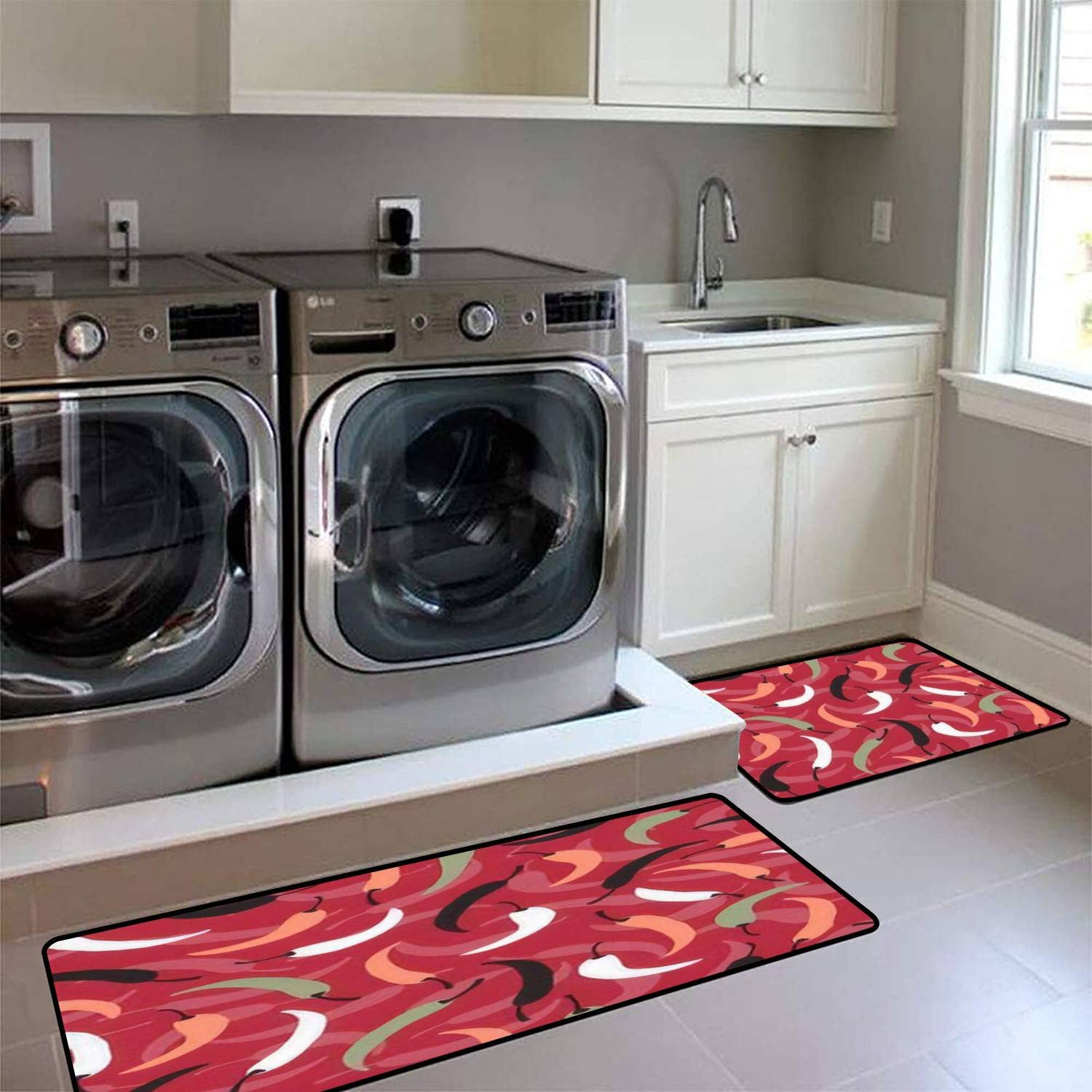 Non-Slip Kitchen Rug Set - Red Chili Print Washable Floor Mat for Cooking & Decor