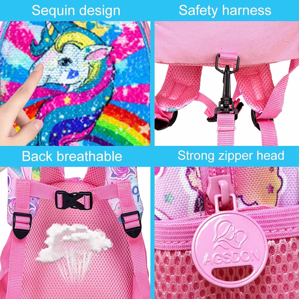 AGSDON Toddler Backpack with Removable Safety Leash - 9.5 Inch Cute Unicorn Design Baby Bookbag for Boys & Girls - Perfect for Travel, Daycare, and Outdoor Adventures