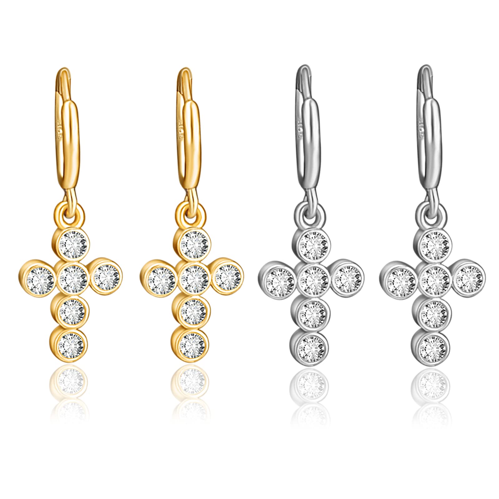 2 Pairs 18K Gold & Silver Plated Cross Diamond Hoop Huggie Earrings for Women & Girls - Perfect for Everyday Wear, Parties & Gifts