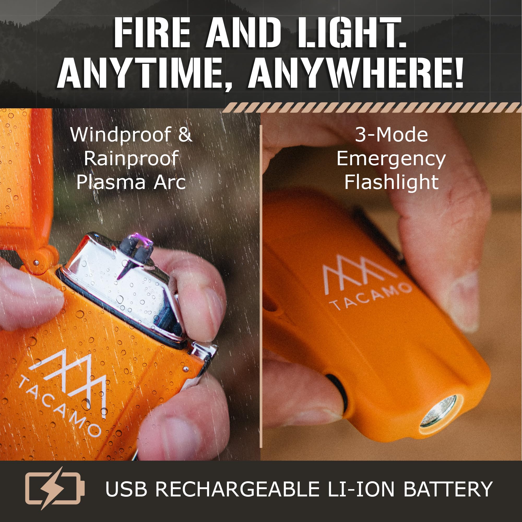 TACAMO® H2 Rechargeable Electric ARC Lighter - USB Plasma Lighter with LED Flashlight, Waterproof & Windproof for Outdoor Camping, Hiking, Survival & Emergency Use