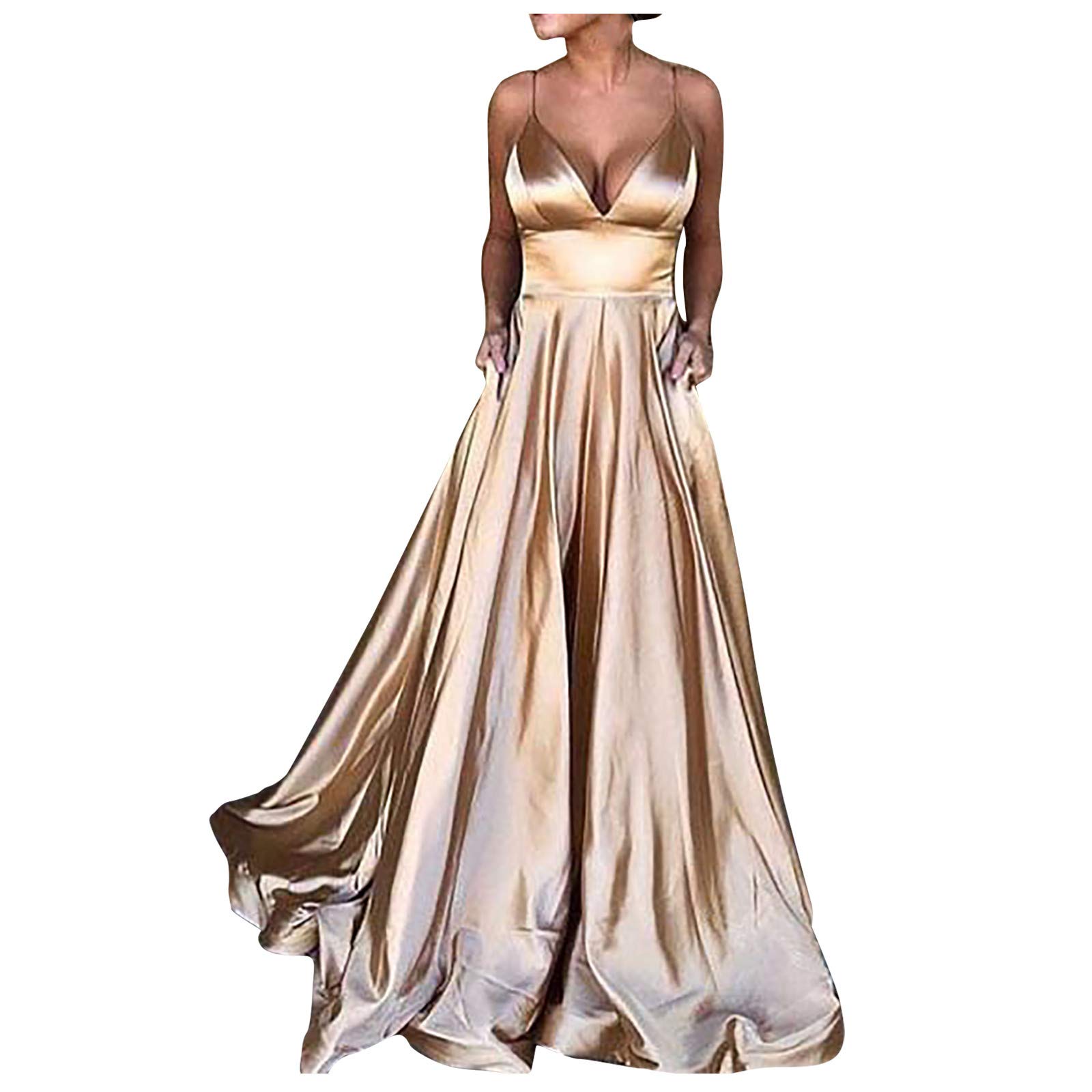 Elegant Women's Ball Gown - Solid V-Neck Cami Dress with Pleated Long Skirt | Stylish Prom & Party Dress for Formal Events, Weddings & Special Occasions