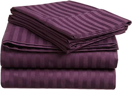 Premium 300 Thread Count Long-Staple Cotton Striped Bedsheet Set with Matching Pillowcases - Queen Size (Plum) | Soft & Breathable Bed Sheets for Comfortable Sleep | Perfect for Master Bedroom, Guest Room & Dorm
