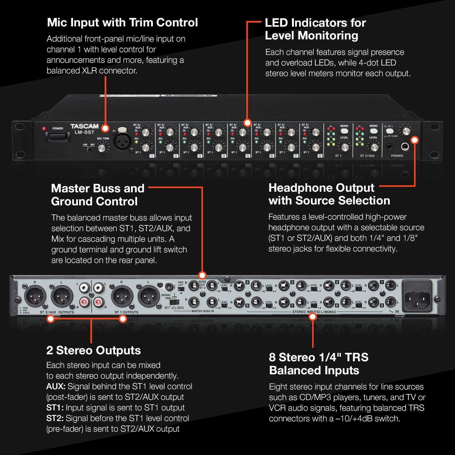 Tascam LM-8ST Professional 8-Channel Rackmount Stereo Line Mixer - Perfect for Studio Recording, Live Sound & Podcasting