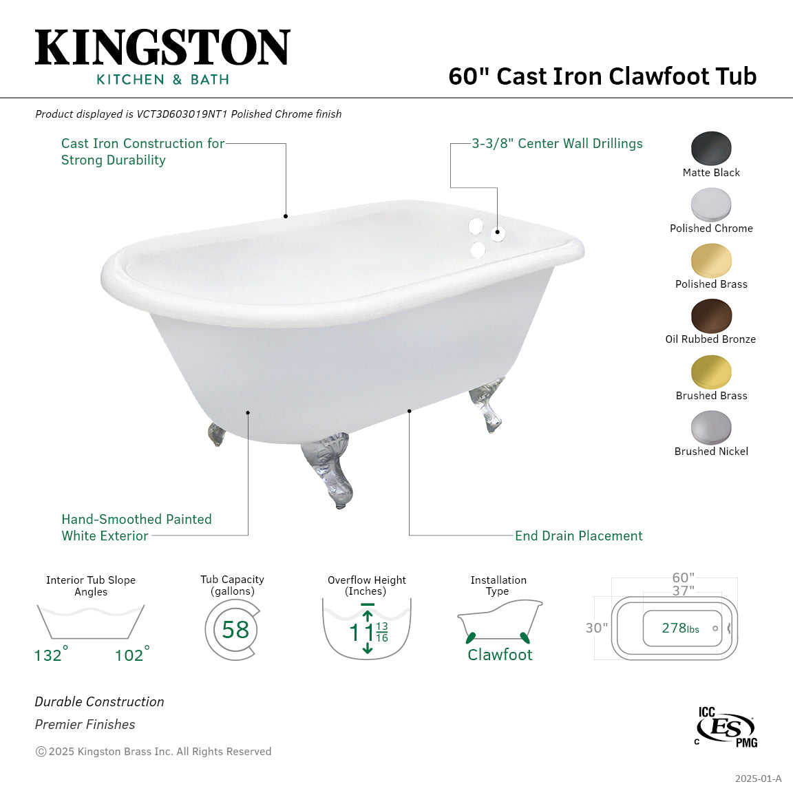 60 Inch White Cast Iron Clawfoot Bathtub with Roll Top & Brushed Brass Feet - Oval Rectangular Design for Vintage Bathroom Decor - Perfect for Spa, Master Bath, or Luxury Home Renovation
