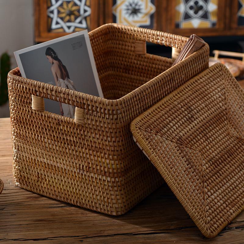 Extra Large Storage Baskets for Clothes - Oversized Rectangular Wicker Rattan Basket with Lid - Organizer for Shelves, Bedroom, Closet & Laundry Room - Perfect for Home Organization & Decluttering