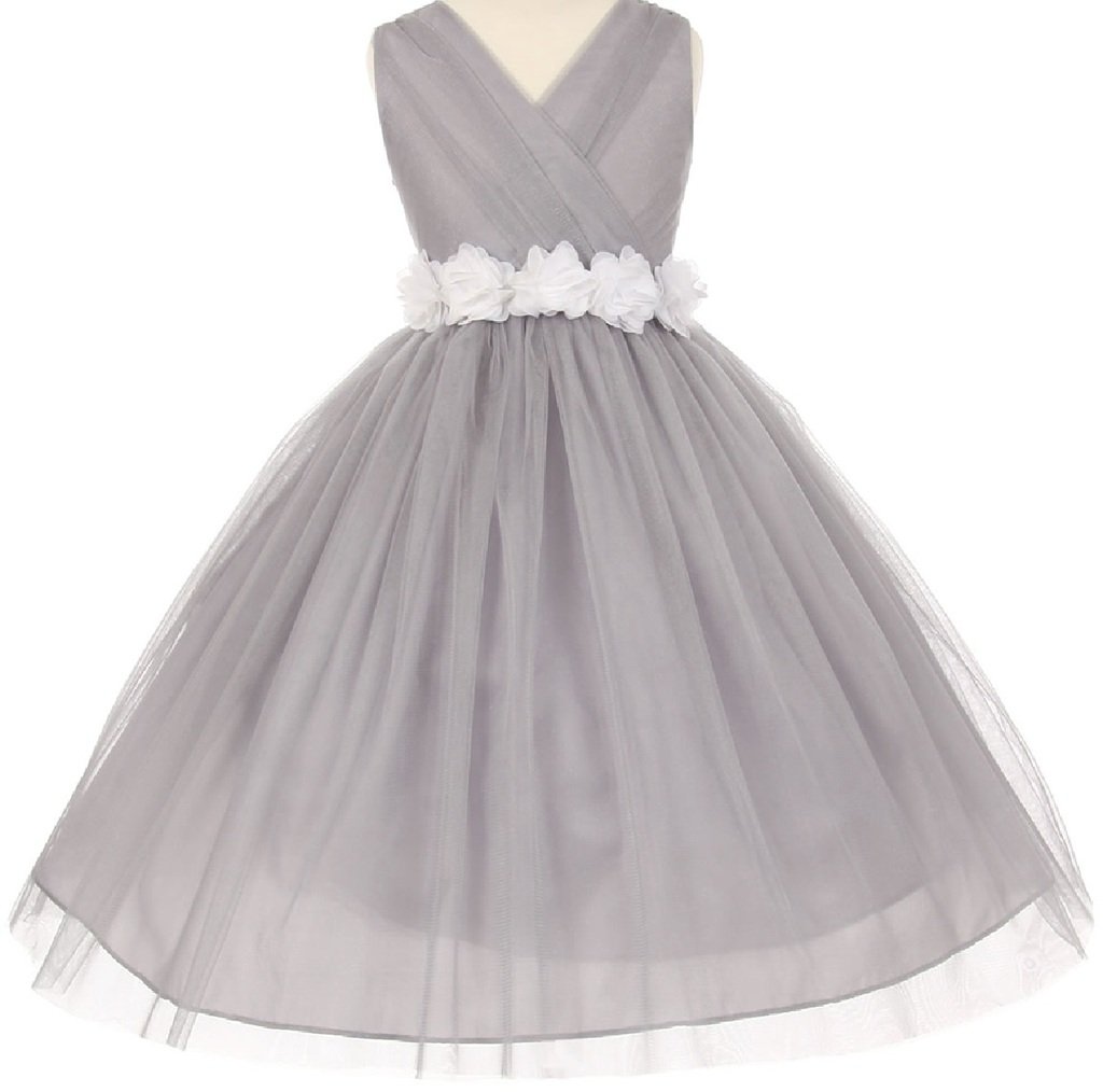 Little Girls Silver V-Neck Dress with Removable Floral Sash - Elegant Flower Girl Dresses for Birthday Parties, Weddings & Special Occasions