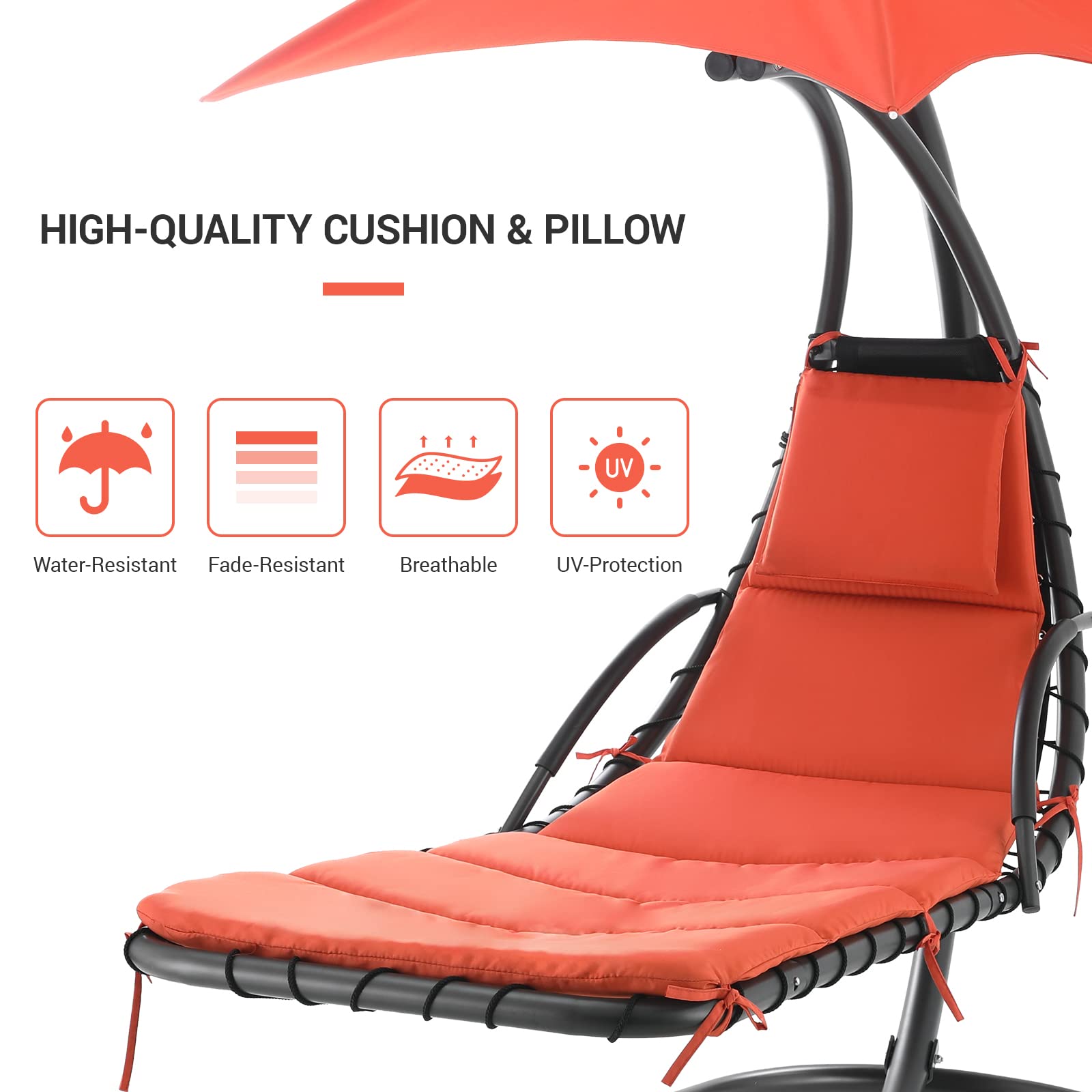 Adjustable Outdoor Patio Hanging Chaise Lounge Chair with Arc Stand - Floating Curved Hammock with Air Porch Stand, Built-in Pillow & Removable Canopy - Perfect for Backyard, Garden, Poolside & Indoor Relaxation - Orange (SAB-OT-001)
