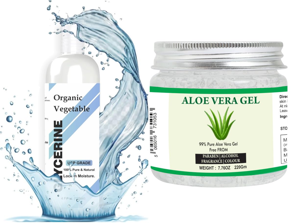 100% Pure Aloe Vera Gel & Vegetable Glycerin Bundle - Natural Moisturizer for Face, Skin & Hair Care | Hydrating, Soothing & Non-Sticky Formula | 7.76 oz Aloe Gel + 4 oz Glycerin | Perfect for Sunburn Relief, Dry Skin Treatment & DIY Beauty Recipes