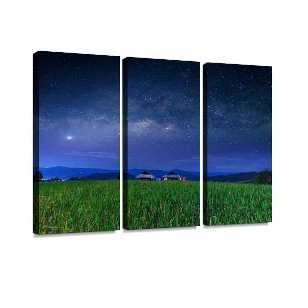 Green Terraced Rice Field in Pa Pong Pieng with Starry Sky - 3 Panel Canvas Wall Art Paintings for Living Room & Bedroom Decor - Nature Landscape Home Wall Decor Posters - Perfect for Farmhouse, Boho or Asian Inspired Interior Design