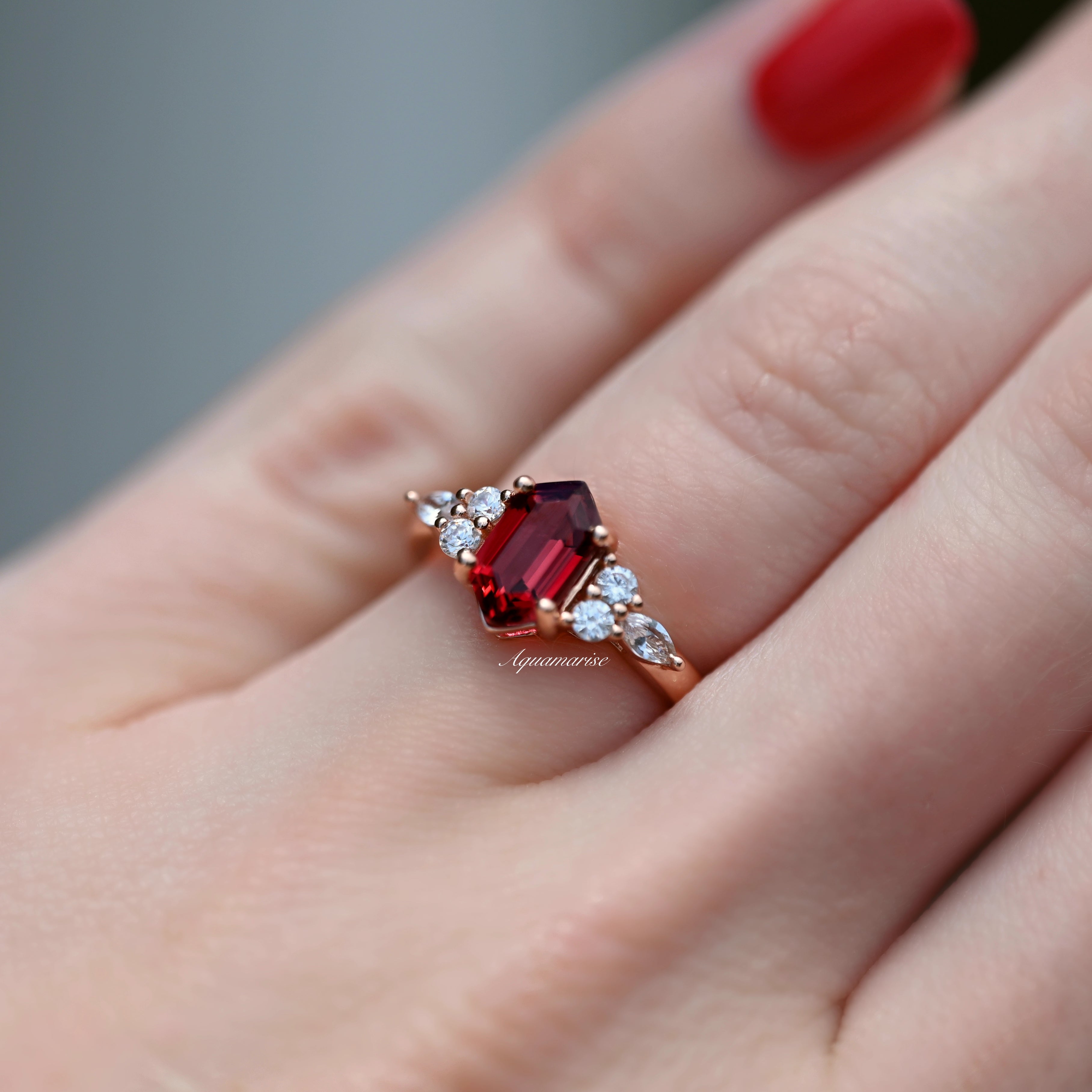 14K Rose Gold Vermeil Sonnet Hexagon Ruby Ring - Elegant Jewelry for Women, Perfect for Weddings, Anniversaries & Special Occasions