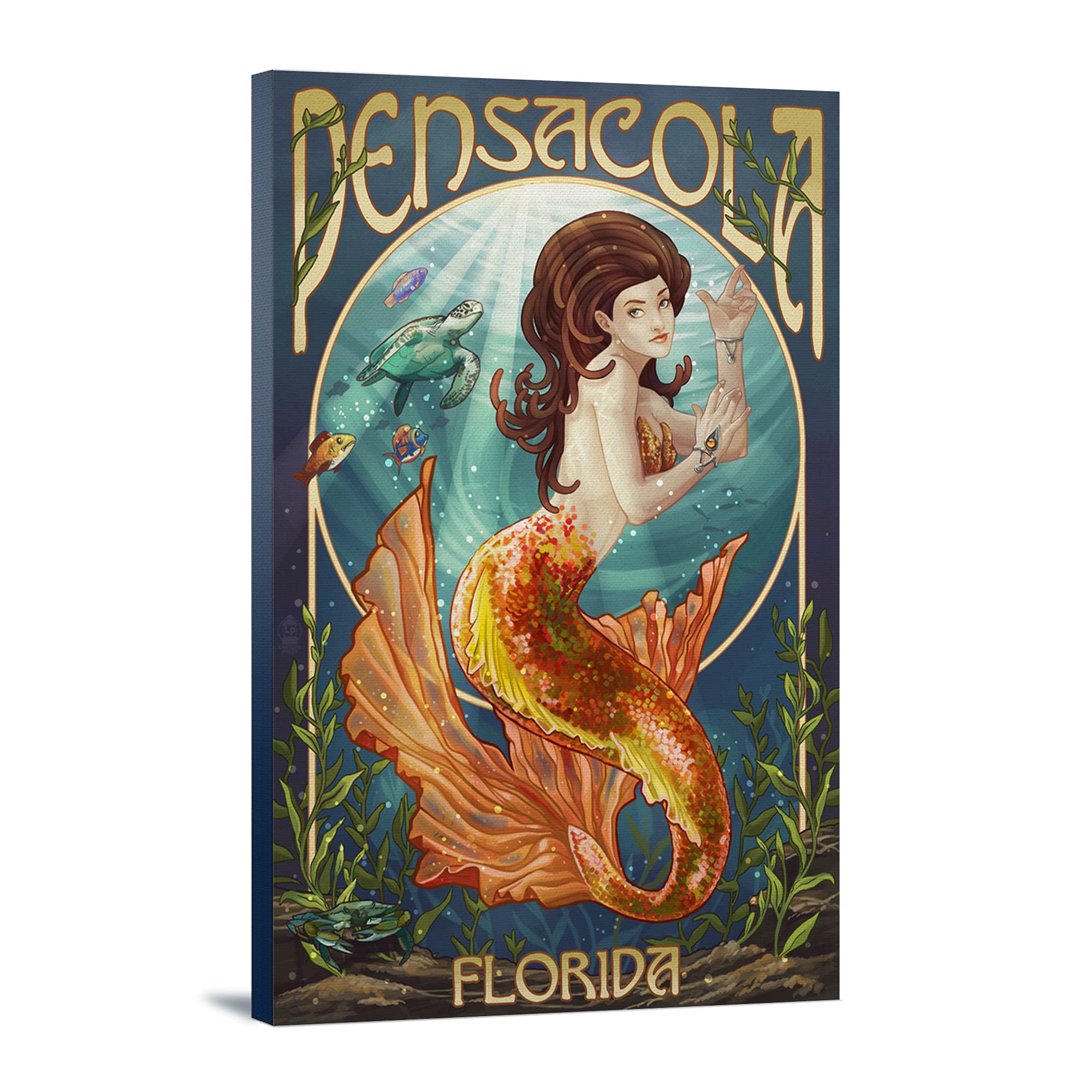 Mermaid Art Print - 24x36 Gallery Wrapped Canvas Wall Decor for Beach House, Florida Coastal Theme - Pensacola Inspired Ocean Mermaid Painting for Living Room, Bedroom & Bathroom
