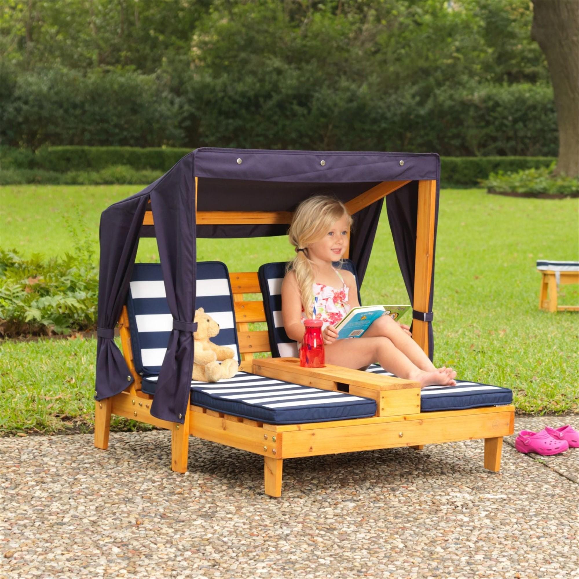 KidKraft Double Chaise Lounge with Cup Holders - Honey & Navy - Outdoor Patio Furniture for Kids - Perfect for Backyard, Poolside & Playroom Relaxation