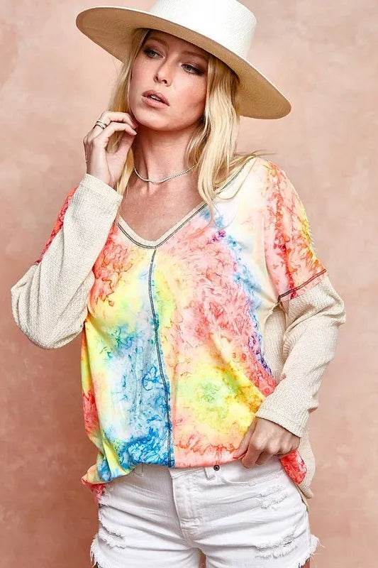 BiBi Print Block V Neck Top with Contrast Stitching - Stylish Women's Casual Blouse for Work, Date Night & Summer Outfits