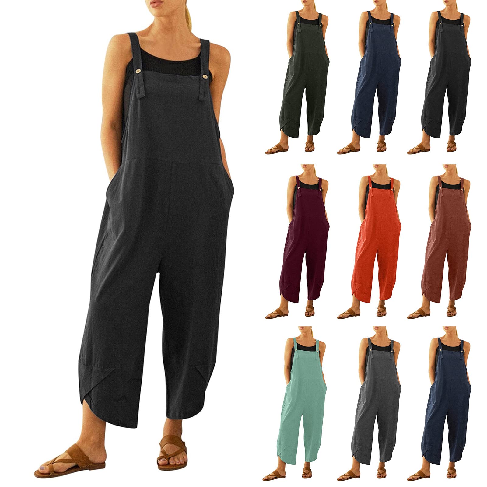 Neferlife Women's Sleeveless Suspender Overalls - Loose Casual Backless Wide Leg Romper with Pockets & Button Closure | Perfect for Summer Outings, Beach Wear & Casual Fashion