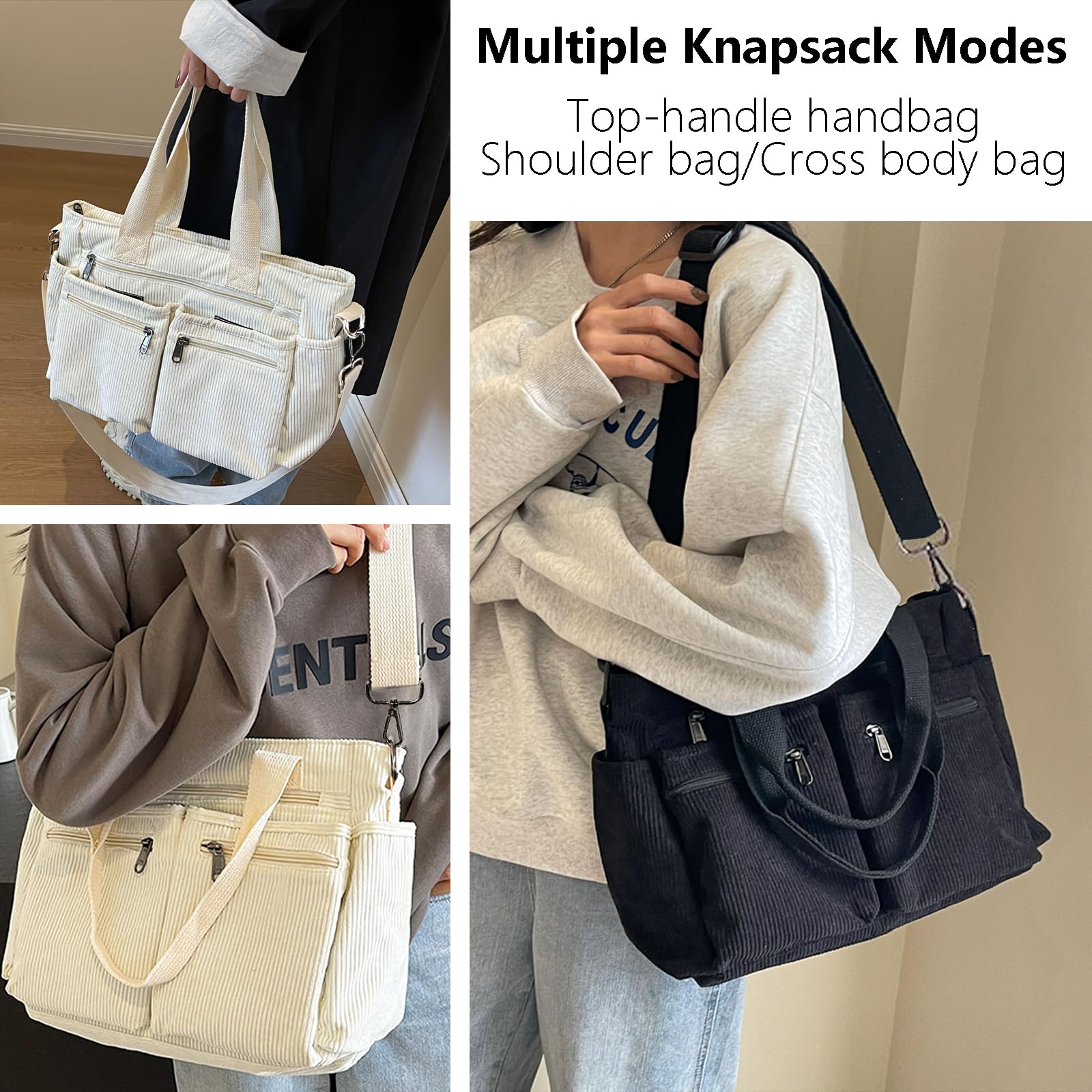 Women's Casual Corduroy Tote Bag with Multiple Pockets - Crossbody Hobo Purse for Travel, Work & Daily Use | Stylish Shoulder Handbag for Women