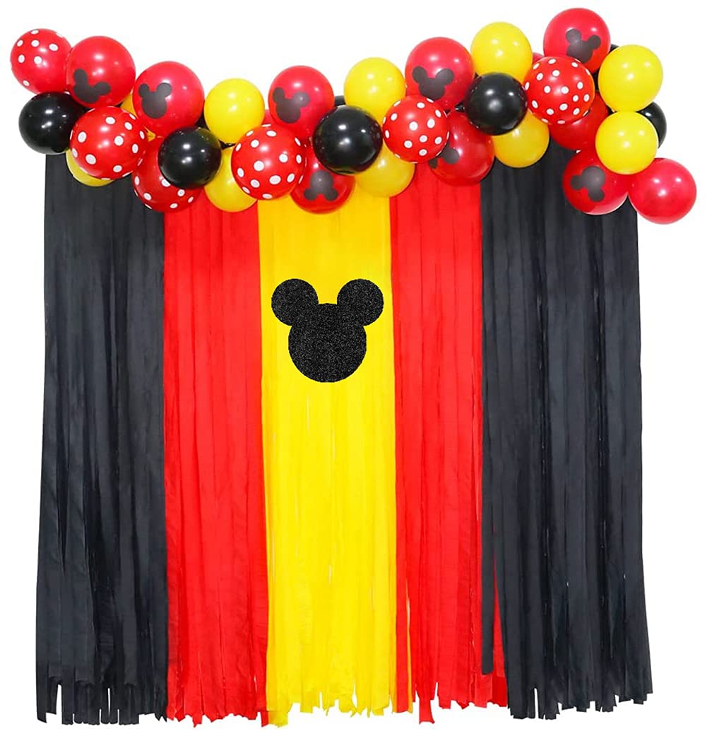 Mouse Theme Birthday Party Decorations - 12'' 50pcs Latex Balloons in Red, Yellow & Black with Crepe Paper Backdrop for Kids Birthday, Baby Shower & Photo Background | Perfect for Disney-Themed Parties, First Birthdays & Toddler Celebrations