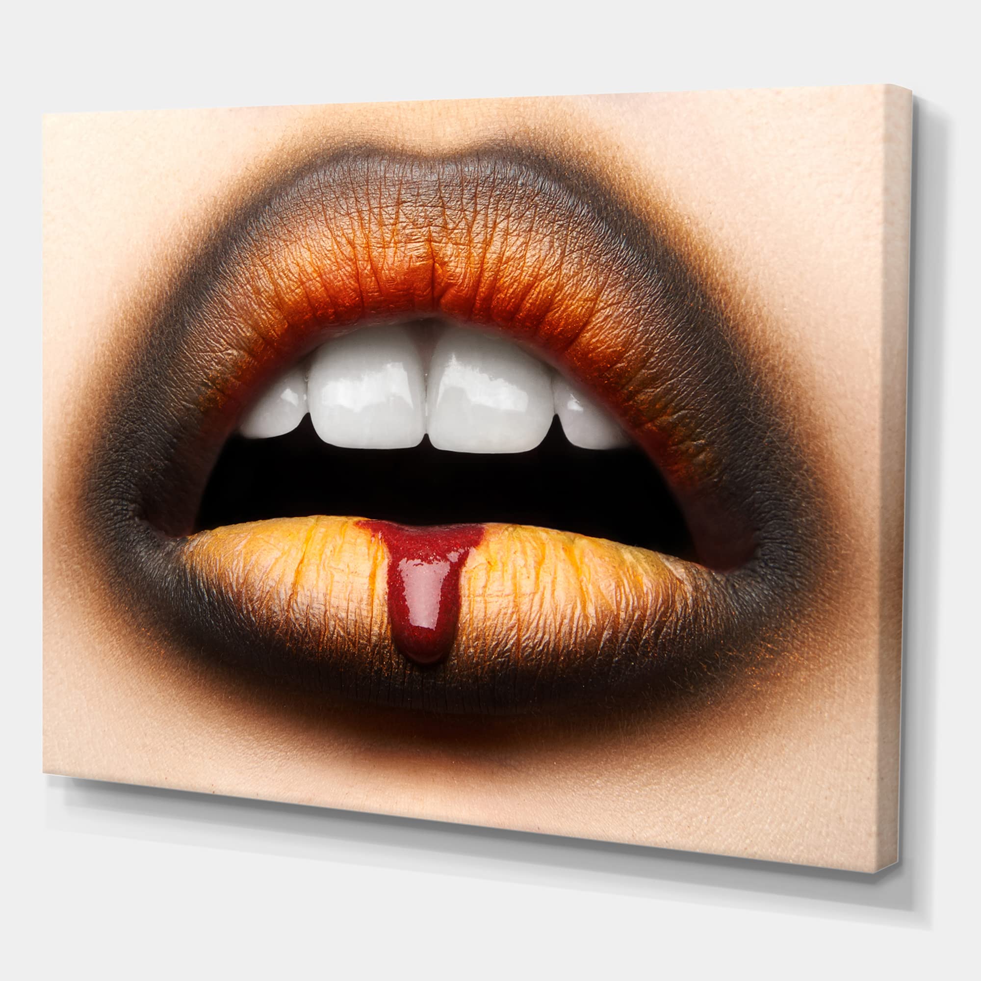 DesignQ Modern Canvas Wall Art - Black & Orange Lipstick Female Lips Painting for Living Room, Bedroom & Office Decor