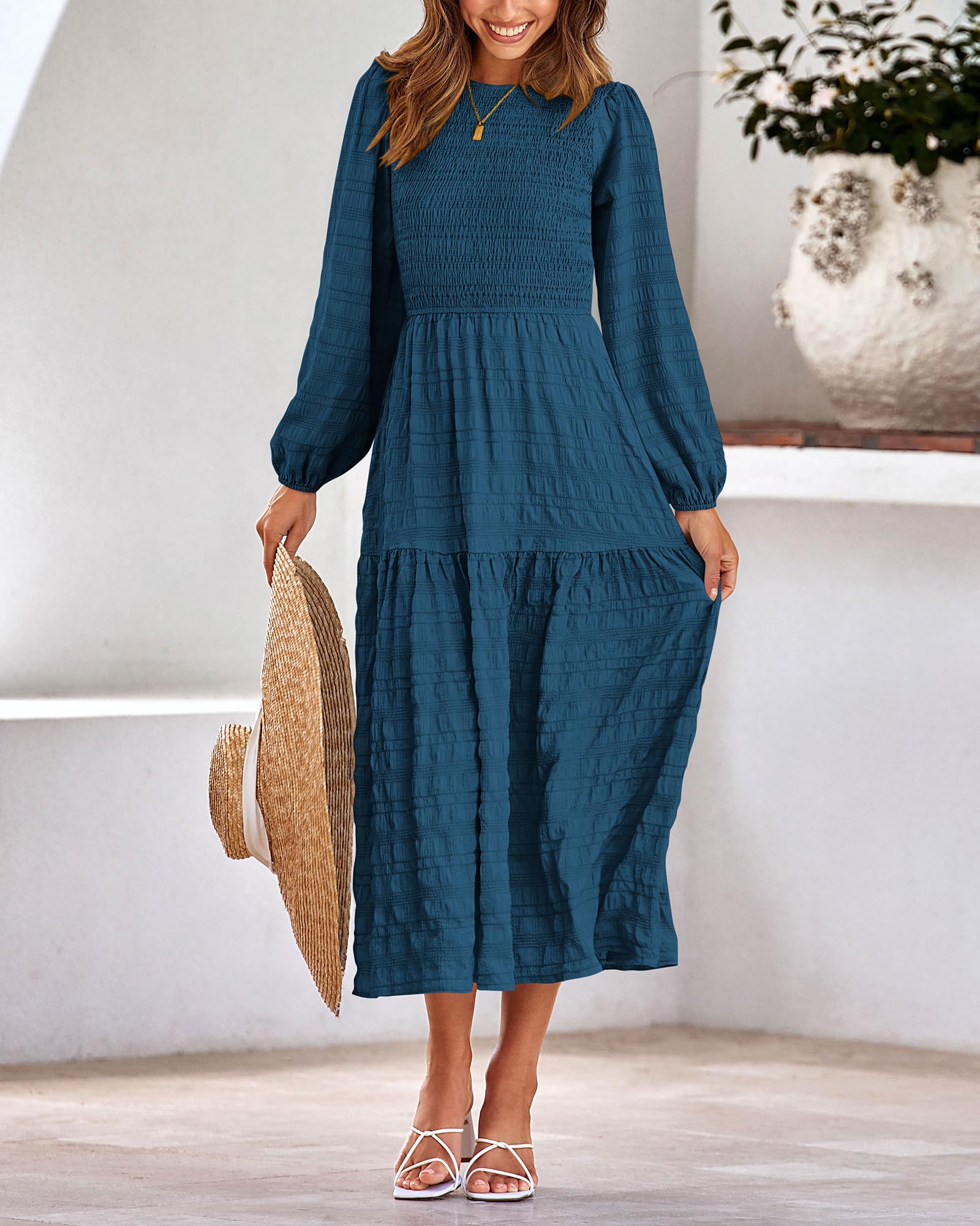 Dowerme Women's Boho Maxi Dress 2025 - Long Sleeve Crewneck Smocked Tiered A-Line Flowy Dress for Spring Wedding & Party | Perfect for Beach Vacations, Garden Parties & Special Occasions