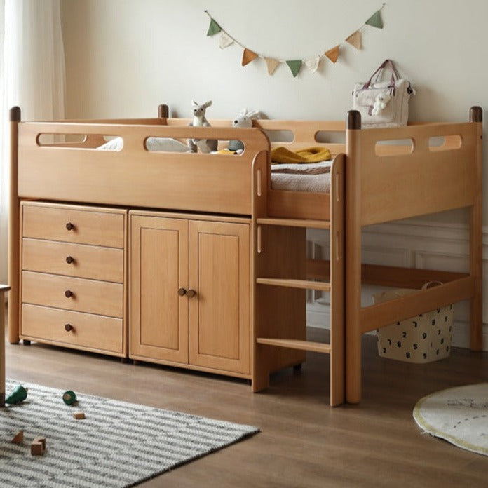 Solid Oak Wood Mid-High Bed with Slanted Ladder - Sturdy Adult Loft Bed for Small Spaces, Dorm Rooms & Modern Apartments