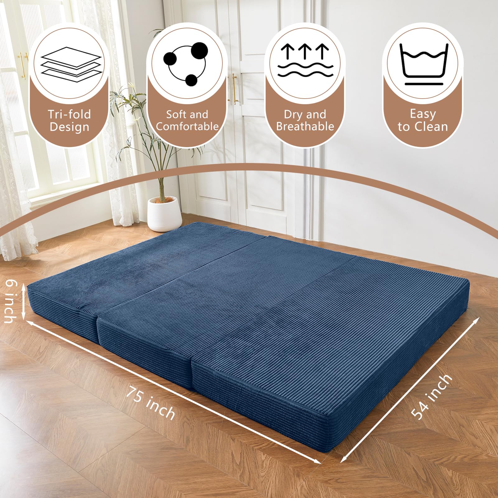 MAXYOYO 6 Inch Corduroy Tri-Folding Gel Memory Foam Mattress Topper - Foldable Guest Bed & Camping Pad in Blue | Perfect for Spare Rooms, Sleepovers & Outdoor Adventures
