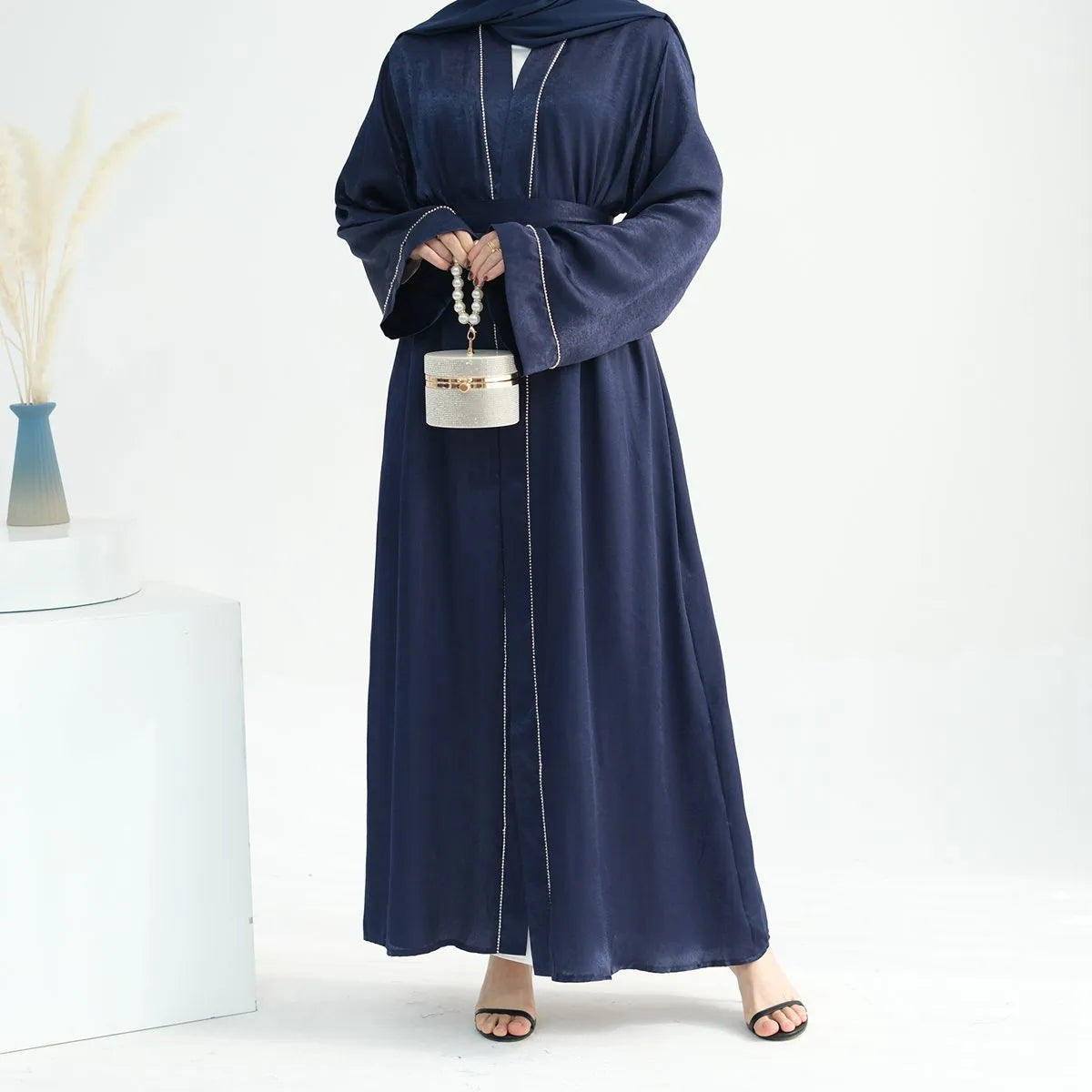 Elegant Muslim Women's Satin Cardigan Open Abaya Dress - Modest Islamic Prayer Dress for Home & Mosque
