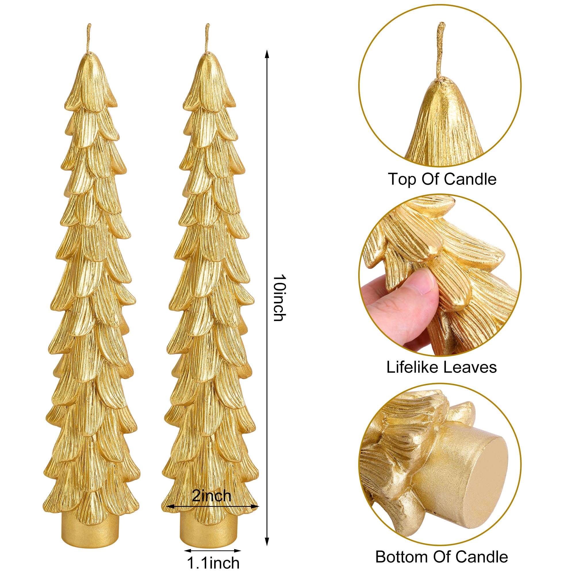 Gold Christmas Tree Candles - 10 Inch Unscented Tapers for Holiday Decor