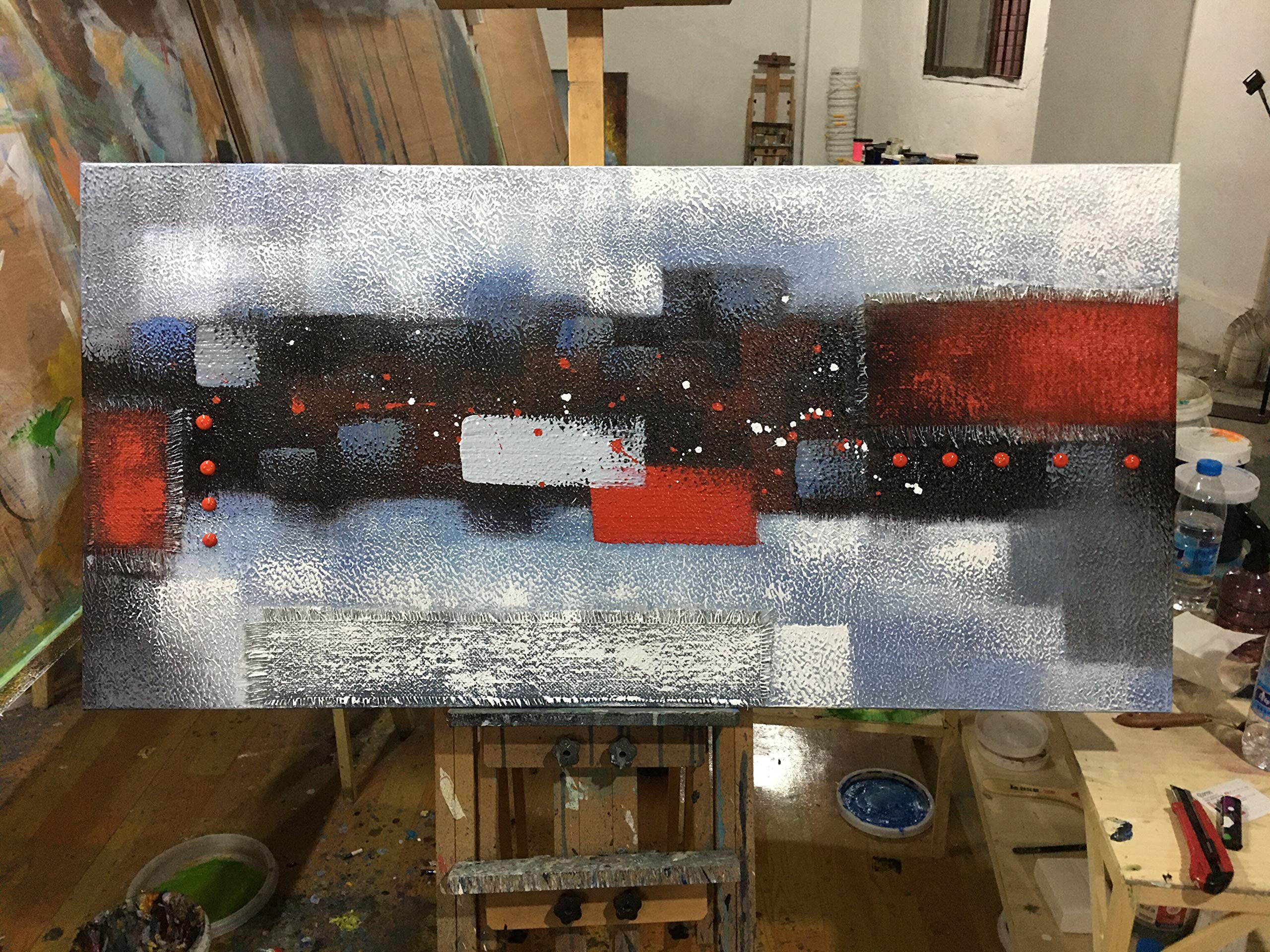 Large Abstract Red Gray Linen Wall Art - Hand Painted Textured Oil Painting on Canvas - Framed Ready to Hang 60x30 Inches - Perfect for Living Room, Bedroom & Office Decor