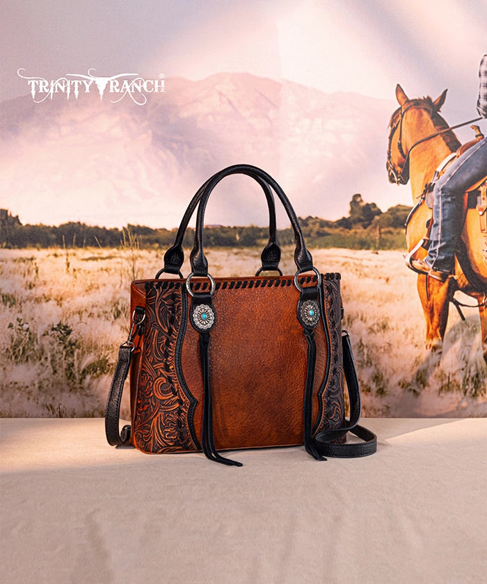 Trinity Ranch Floral Tooled Concho Tote Bag Set - Western Style Leather Handbag for Women - Perfect for Cowgirl Fashion, Rodeo Events & Country Outfits