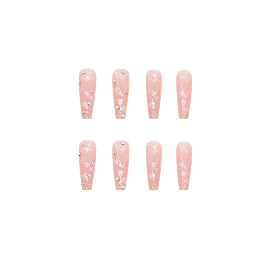 24Pcs Heart Pattern Press on Nails - Long Coffin Fake Nails with Glitter & Glossy Finish - Ballerina Clip on Full Cover False Nails for Women & Girls - Perfect for Parties, Weddings, Date Nights & Special Occasions