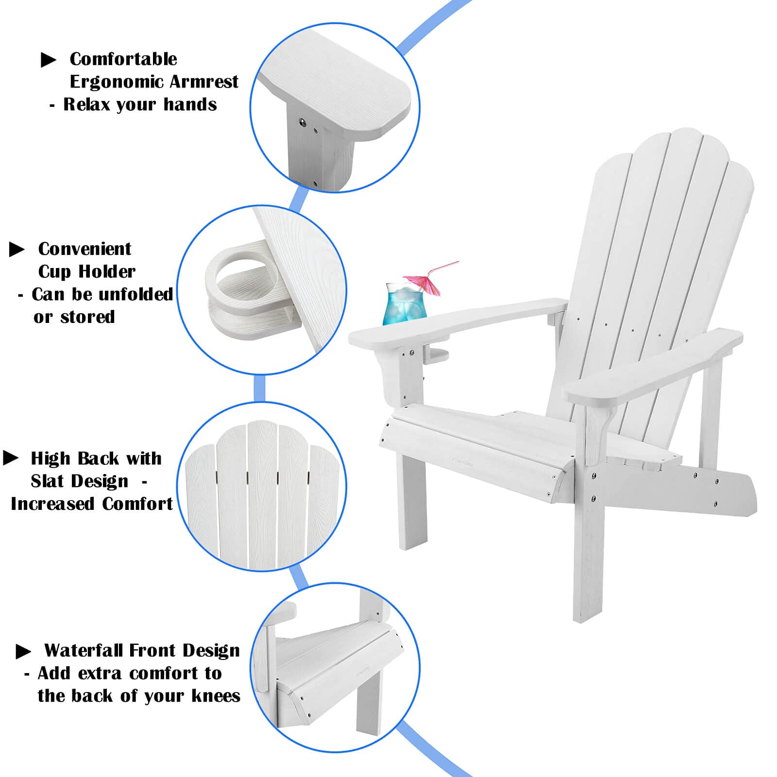 Premium HIPS Adirondack Chair - Weather-Resistant Outdoor Plastic Chair with Cup Holder for Patio, Backyard, Deck, Fire Pit, Lawn & Porch - Perfect for Relaxing, Sunbathing & Outdoor Gatherings (White)