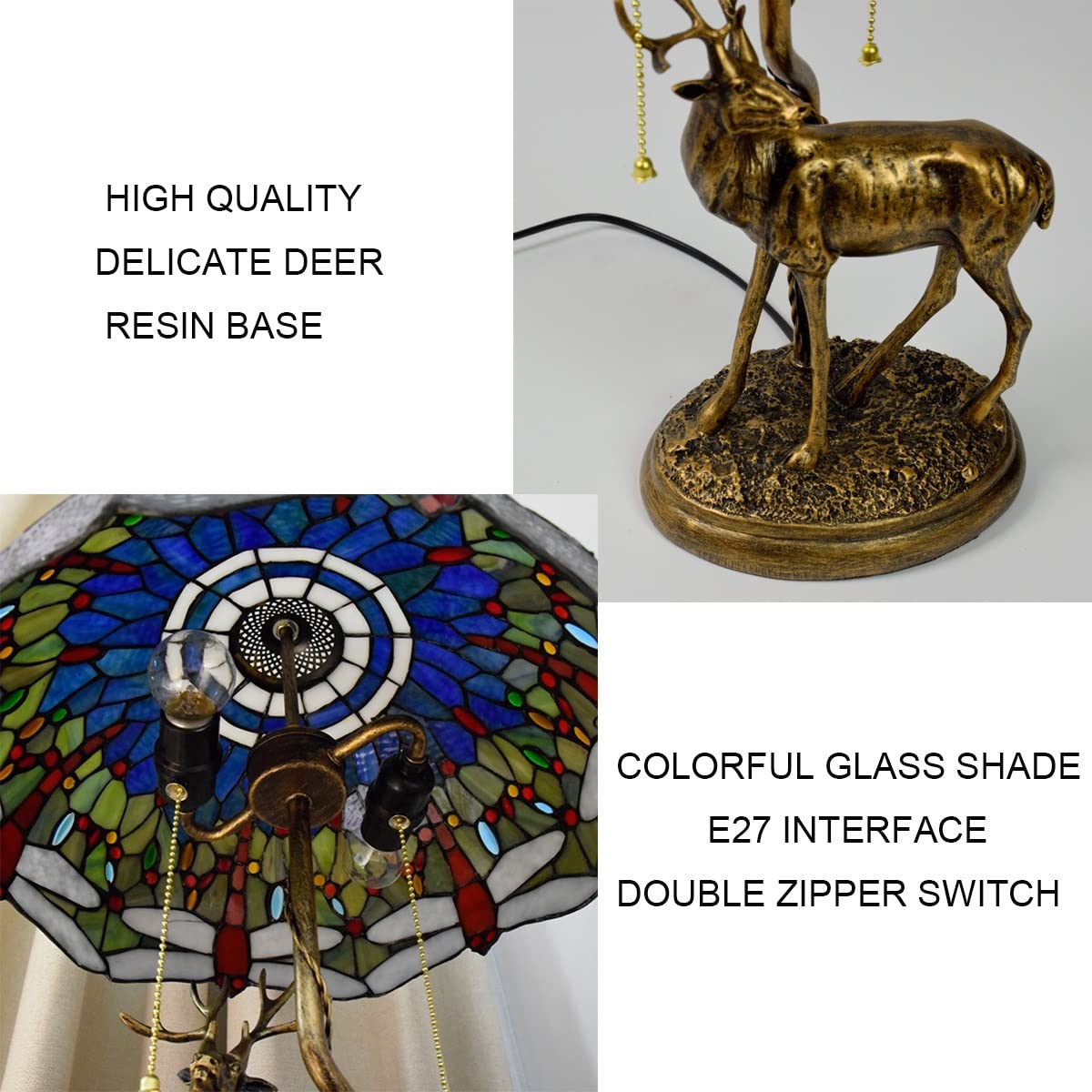 Tiffany Style Dragonfly Table Lamp - Handcrafted Stained Glass Shade with Elk Resin Base - Elegant Living Room Decor, Mediterranean Dining Table Lighting, Cozy Reading Desk Lamp for Home & Office Use
