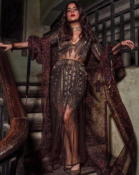 Elegant Chocolate Brown Gold Embellished Evening Dress for Women - Perfect for Parties, Weddings & Special Occasions