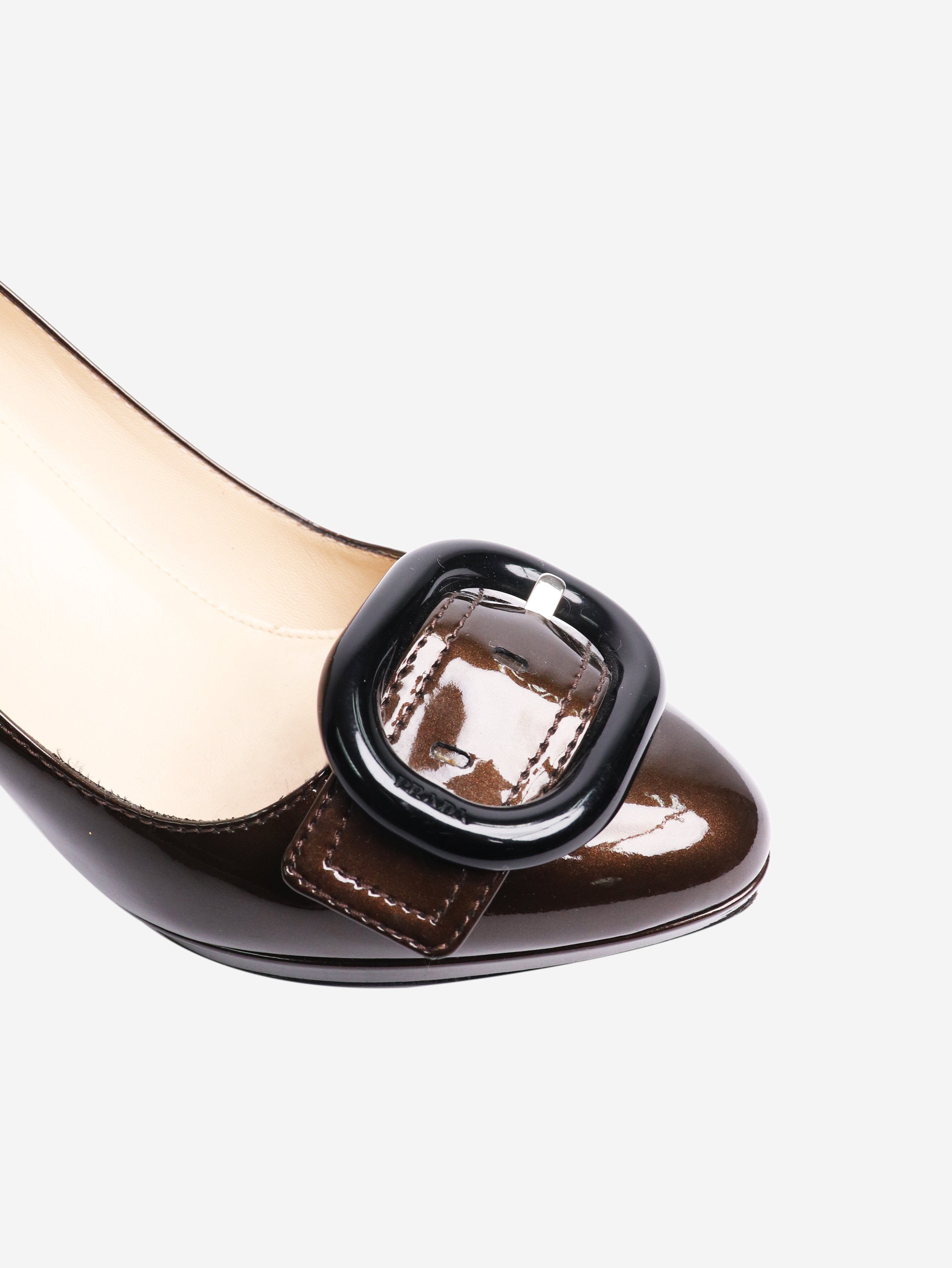 Elegant Brown Patent Leather Buckle Pumps - Women's Size EU 37.5 (UK 4.5, US 7) - Perfect for Office, Wedding & Formal Occasions