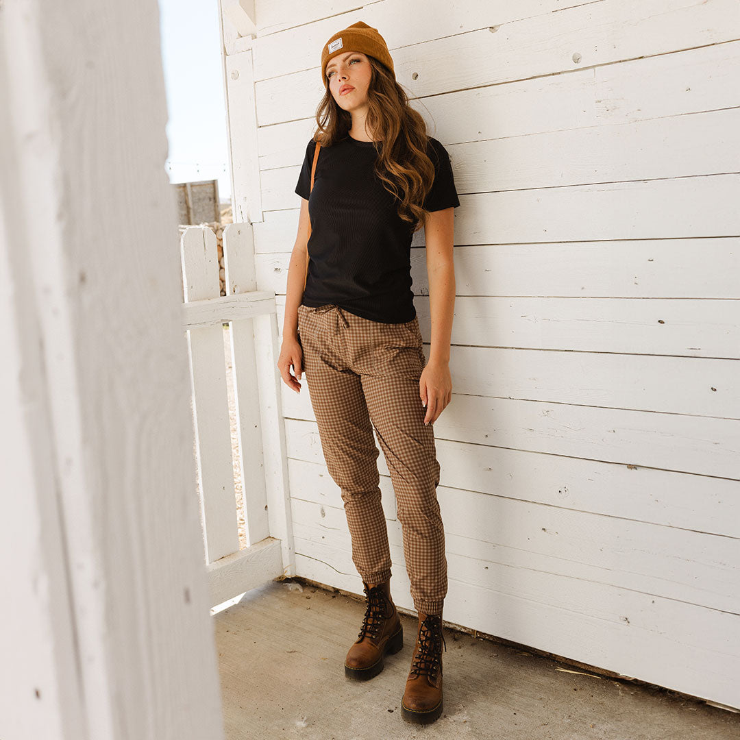 Cinnamon Check Jetsetters - Stylish and Comfortable Travel Outfit for Women | Perfect for Airports, Vacations, and Casual Wear