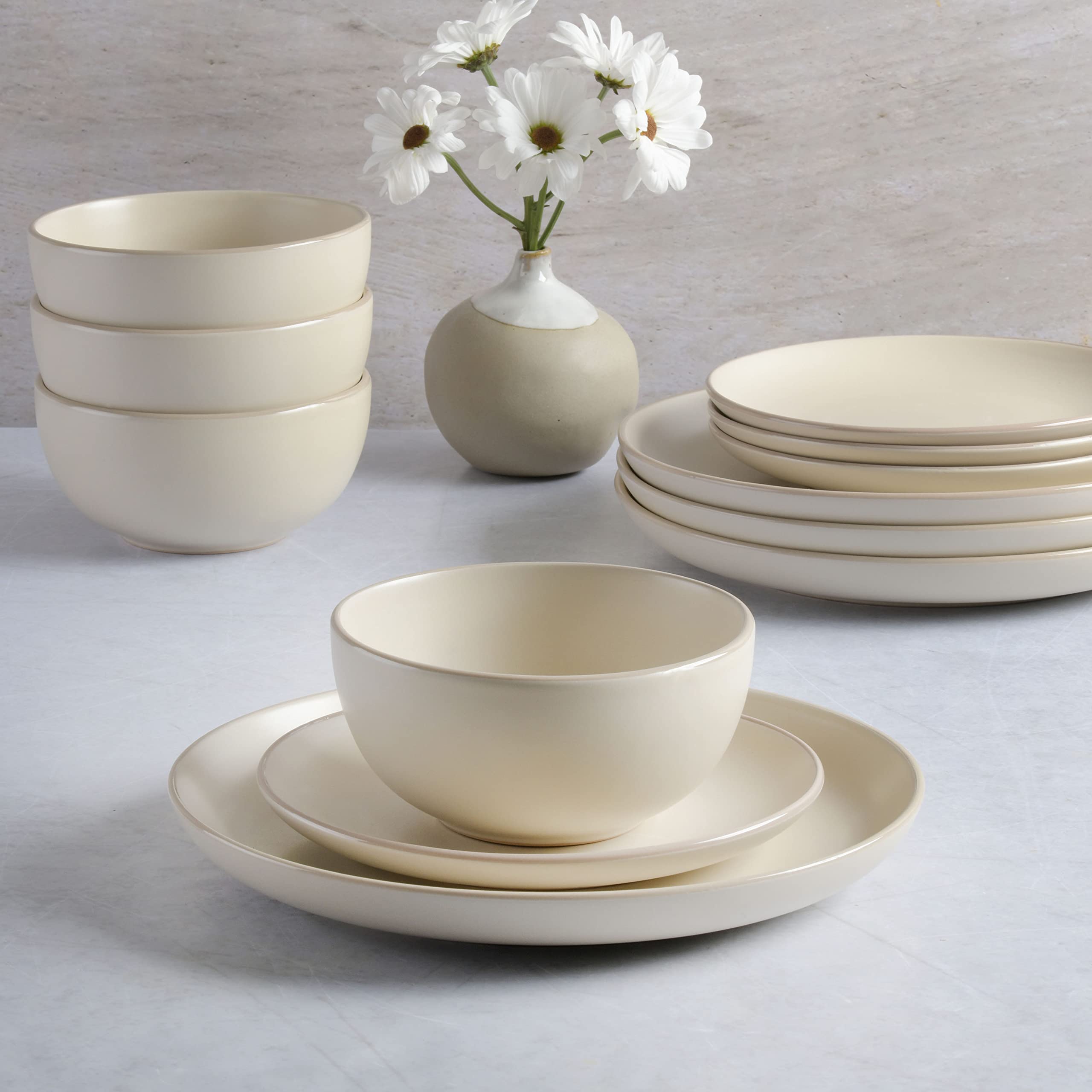 Premium Gibson Home Rockaway 12-Piece Round Stoneware Dinnerware Set for 4 - Cream White Porcelain Plates, Bowls & Mugs - Elegant Everyday Dining & Entertaining