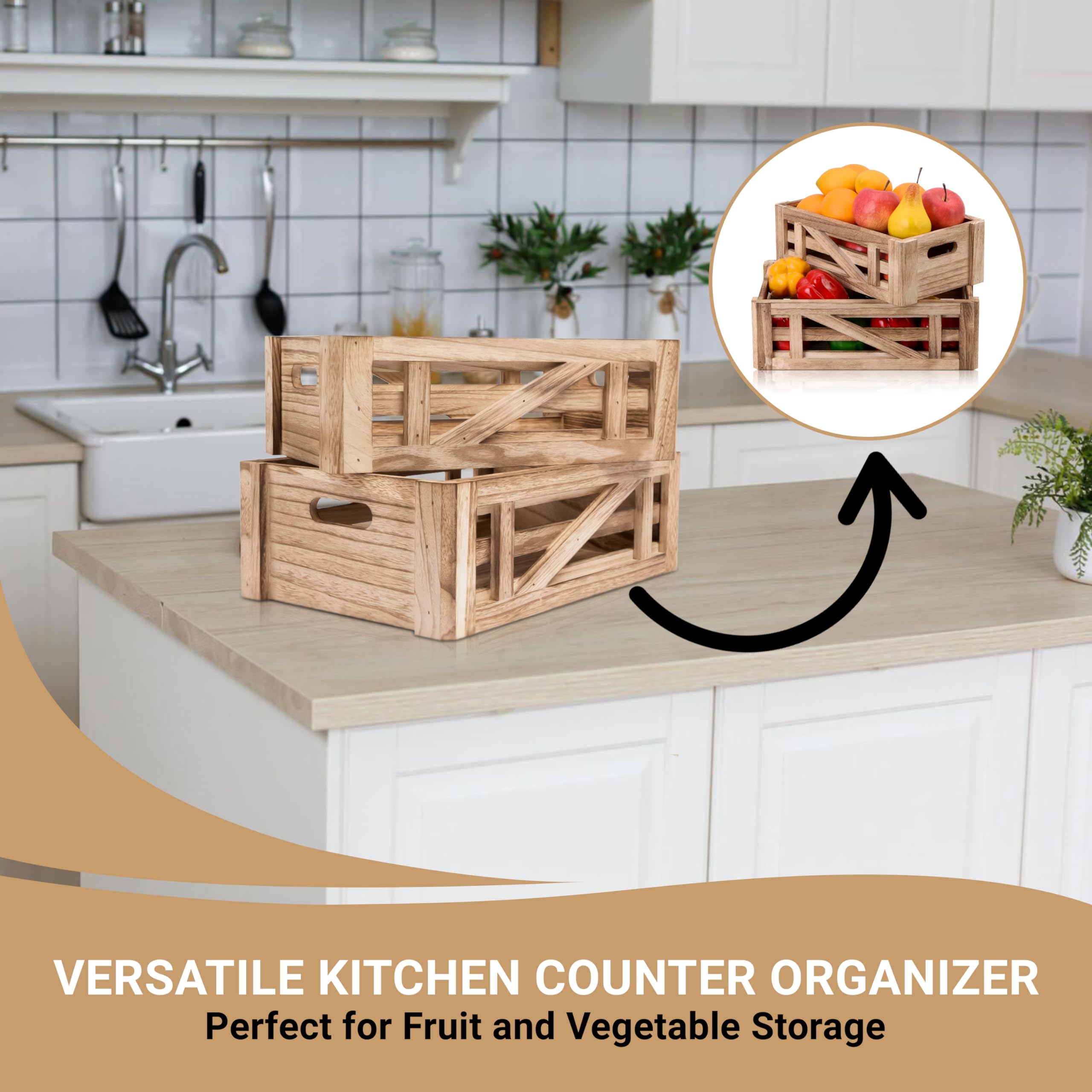 Rustic Wooden Crate for Kitchen Countertop Organization - Fruit & Vegetable Storage Basket Set with Versatile Display & Storage, Perfect as Fruit Holder, Snack Station, and Home Decor for Farmhouse Kitchens