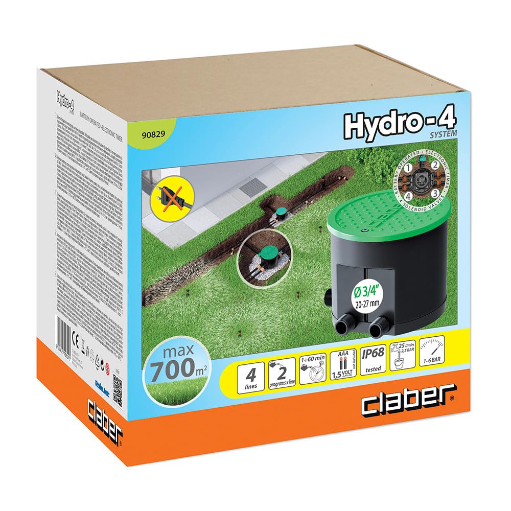 Claber 87323 90829 Hydro-4 Sealed Well Automatic Watering System with Timer - Black/Orange/Gray (250x230x170 cm) - Perfect for Garden, Lawn, and Plant Irrigation