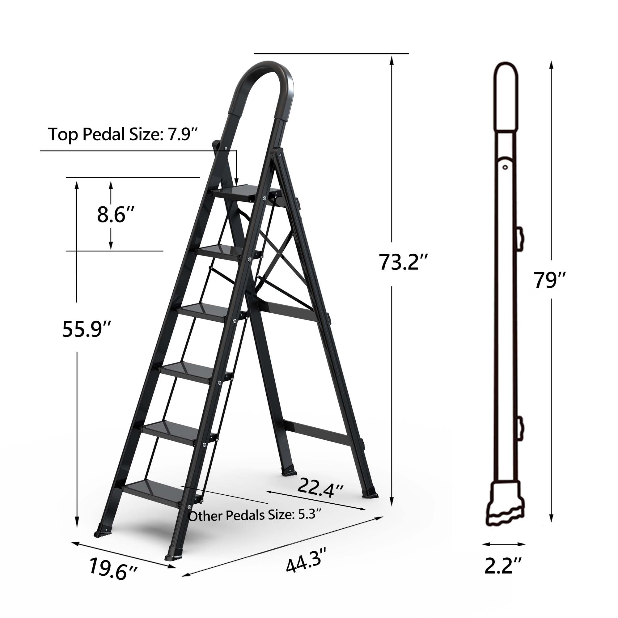 Lightweight Aluminum 6 Step Folding Ladder with Anti-Slip Wide Pedal - Space Saving Step Stool for Home, Kitchen, Garage & Office Use (Black)