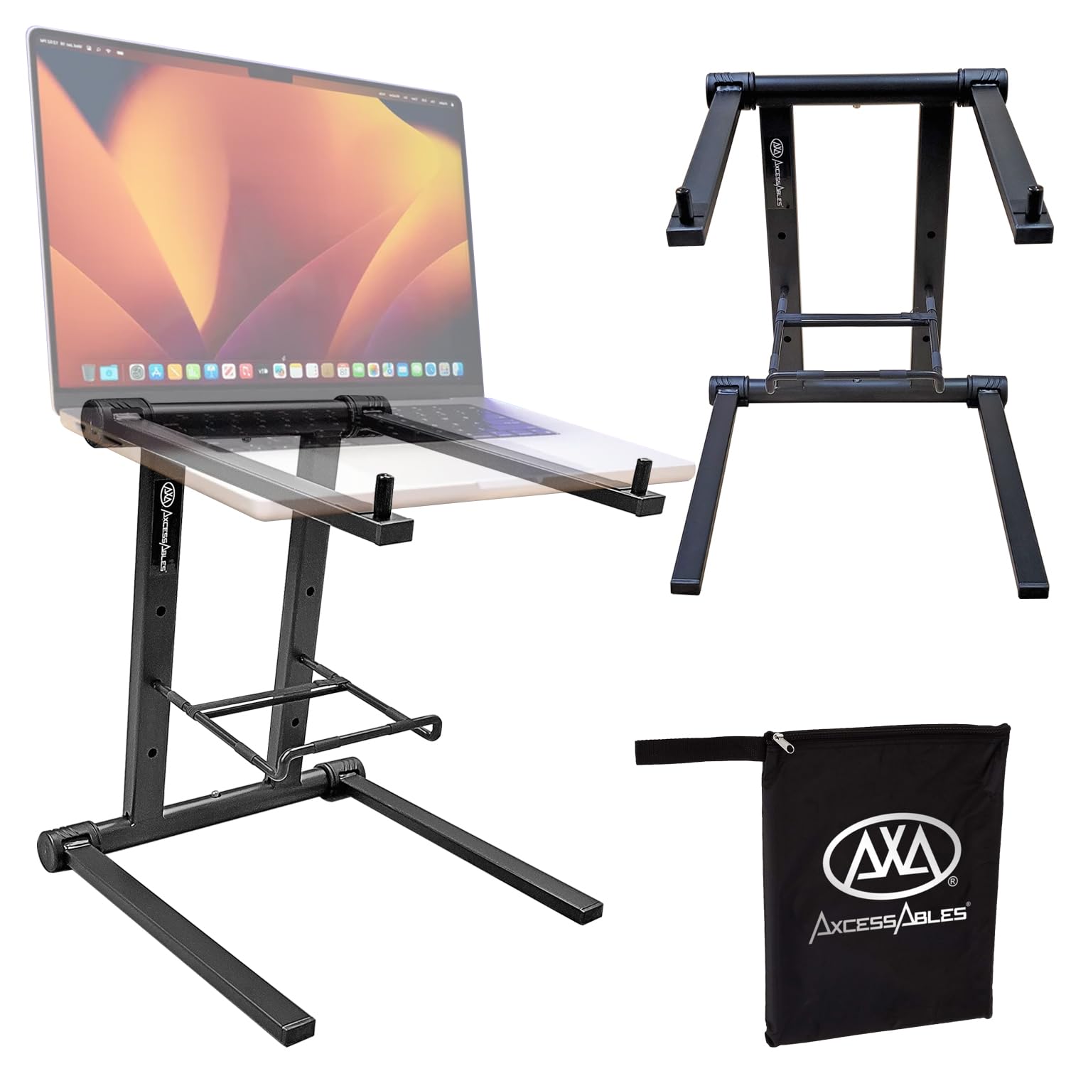 AXA AXCESSABLES DJ Laptop Stand with Travel Bag - Portable Foldable Aluminum Laptop Riser for 15-inch Laptops up to 20lbs, No Assembly Required - Perfect for DJs, Travel, Office & Home Workspace